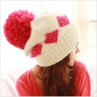 Hot-selling winter rhombus square grid pattern knitted hat with big ball of yarn,warm woolen caps,Free Shipping