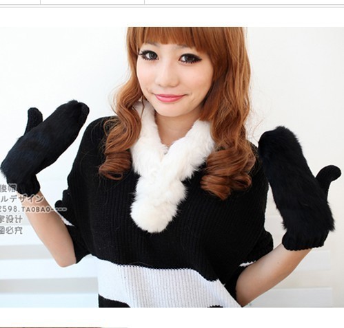 Hot-selling winter thermal gloves female rabbit fur full leather full mittens ride