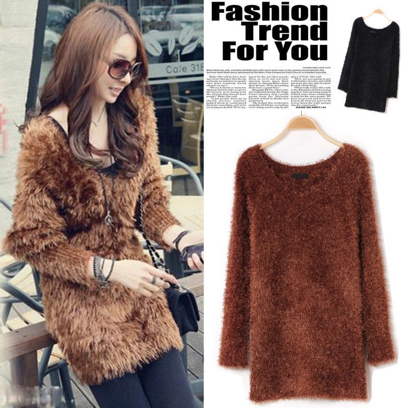 Hot-selling winter women's all-match sweet plush V-neck medium-long knitted sweater