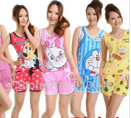 Hot selling women cartoon sleepwear / top quality sleeveless 100% cotton pajamas set / free shipping