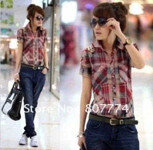 Hot selling women fashion cotton red shirt  plaid button up blouse with shoulder badge M/L/XL Freeshipping