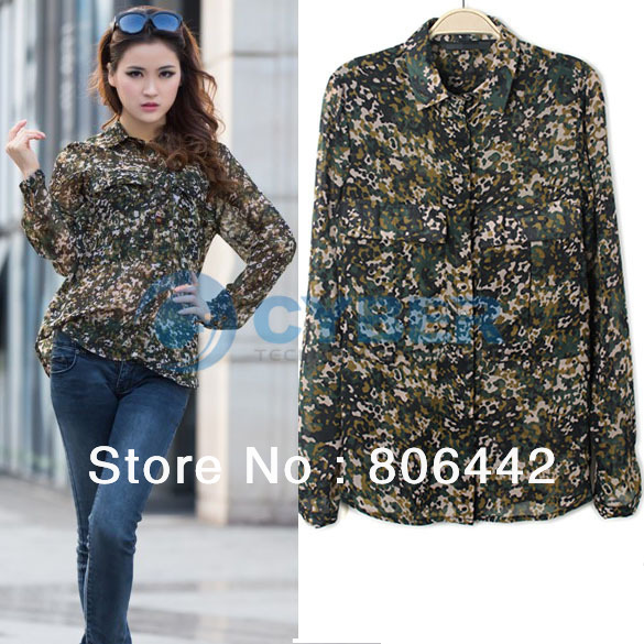 Hot Selling Women Lady's Camouflage Chiffon Long Sleeve Shirt Blouse Top Free Shipping 11118
