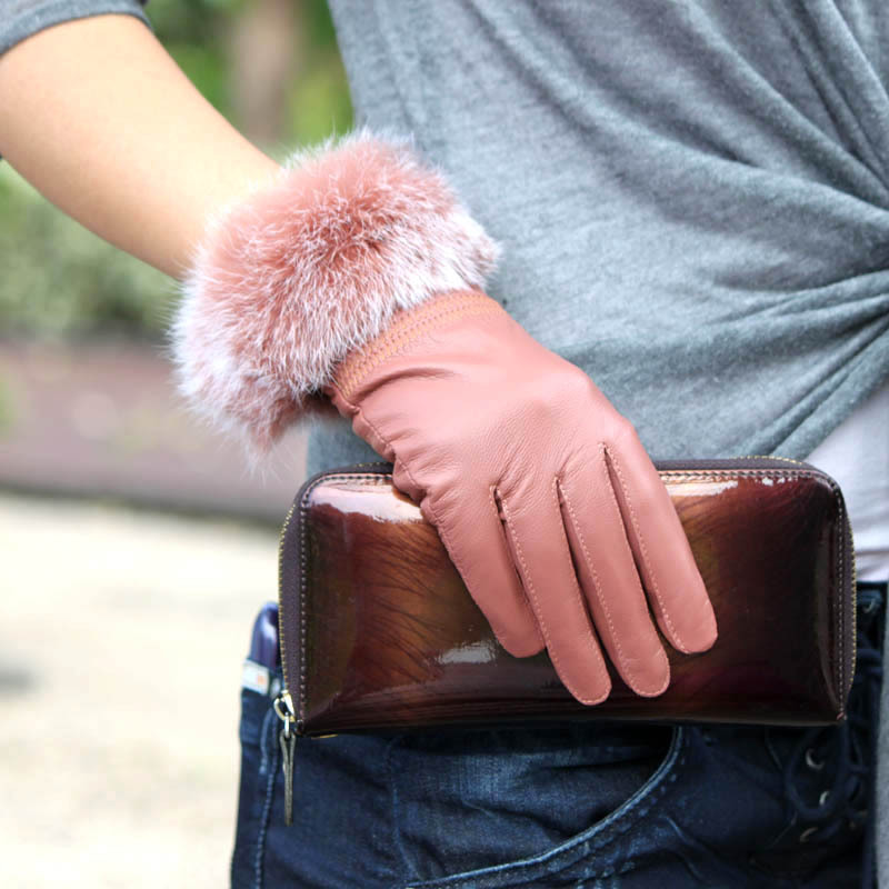 Hot-selling women's fashion genuine leather gloves quality sheepskin with real rabbit fur thermal gloves GL1001