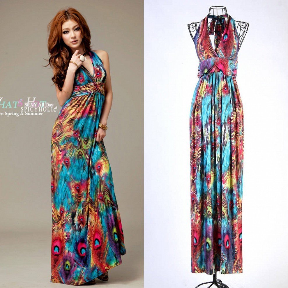 Hot Selling! Womens Bohemia Viscose Peacock Print Beach Dress Full Maxi Long Boho Deep-V Spaghetti Dress US Size S-L