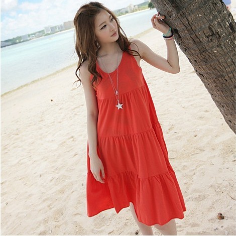 Hot  skirt summer solid color sleeveless tank dress one-piece dress beach dress one-piece dress Free Shipping