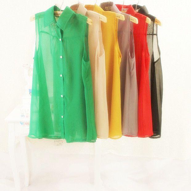Hot Sleeveless Turn-Down Collar Expansion Bottom Personality Vintage Simple Chiffon Shirt For Women Multicolor
