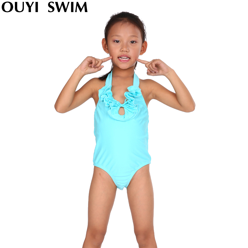 Hot spring boy child swimwear girl baby plain color one piece swimwear halter-neck chromophous female