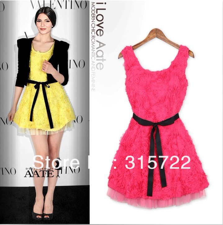 hot summer European lady three-dimensional embroidery slim dress rose,yellow A-053