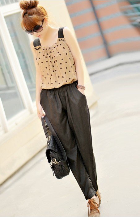 Hot Summer Womens Fashion Dot Chiffon Baldric Chiffon Jumpsuits Pants Coffee/Black L6094