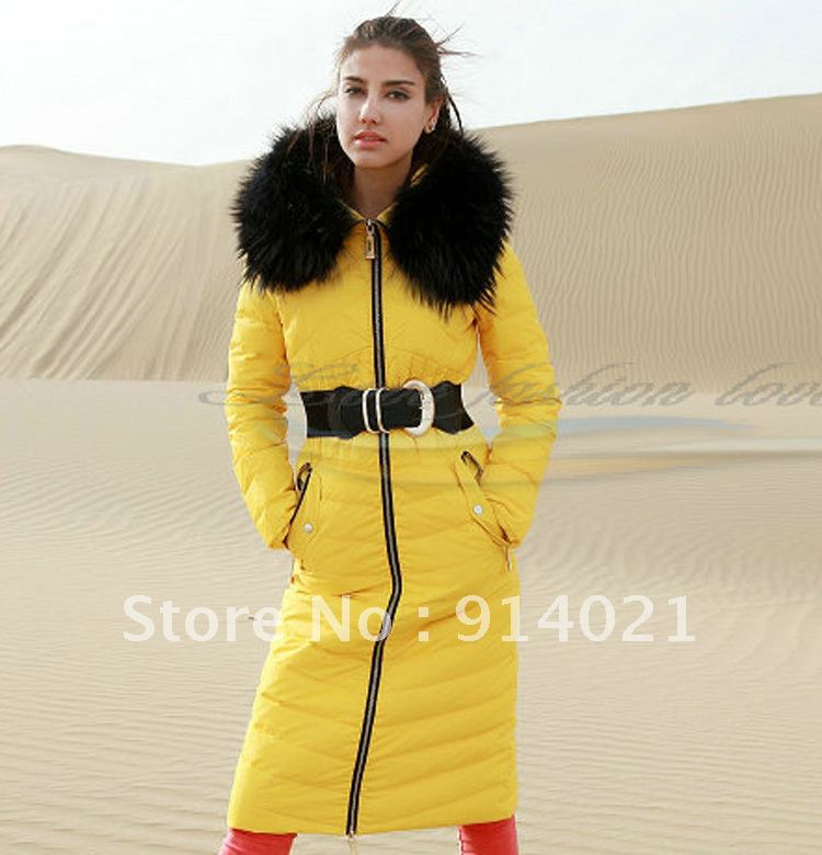 Hot! Ultra long down coat 2012 ultralarge raccoon fur slim thin down coat female long design,yellow,beige and black colors