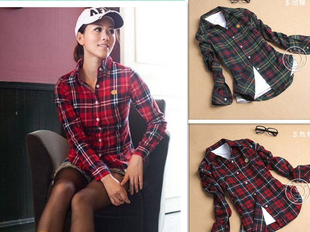 Hot!Wholesale and retail  Women Button Down Lapel Shirt Plaids & Checks Flannel Shirts Tops Blouse