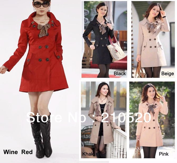 Hot Women Double Breasted Casual Long Trench Coat With Scarf Lady Coat Outwear 5 Colors