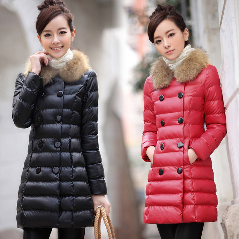 Hot women PU leather long down coats,waterproof rain winter outwear jackets,very warm,with fur collar
