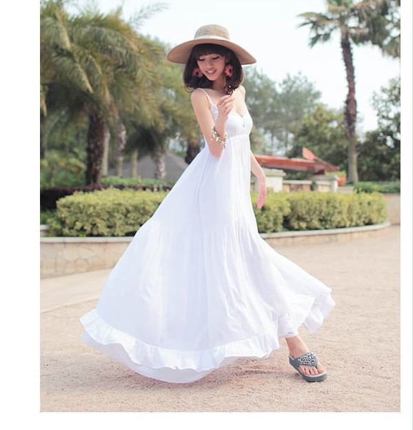 HOT!!! Women's Elegant Bohemian Dresses Cotton White Sleeveless V-Neck Large Sweep Beach Casual Dress QG07
