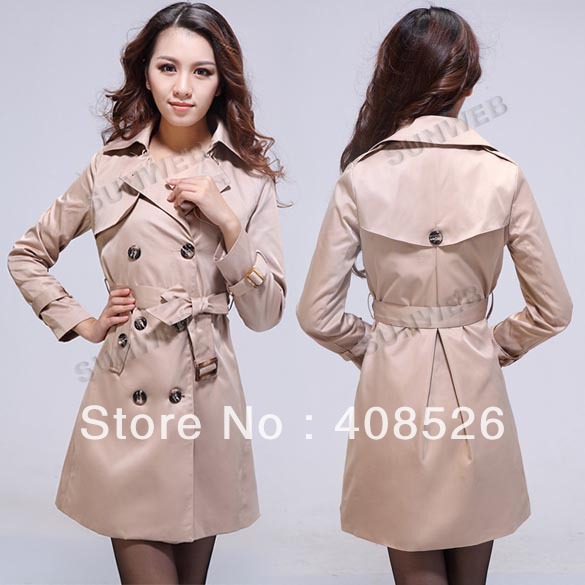 HOT Women's Lady Retro OL Double-Breasted Slim Long Trench Coat Outwear with belt Khaki free shipping 9089