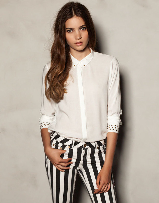 HOT!! Women's Super Fashion Studs on Sleeves Cuff Casual Shirts,fashion Blouse, Freeshipping