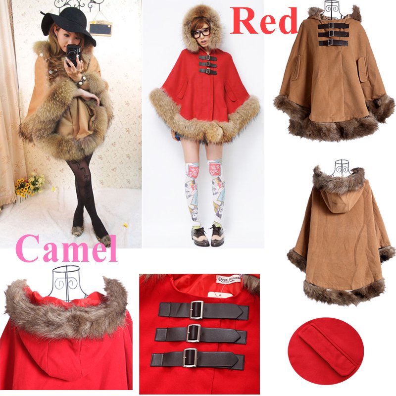 Hot !! Women's Winter Warm Cloak Faux Fur Coat Hoodie Batwing Cape Shawl Parka Jacket Camel/Red  ,Free Shipping Wholesale