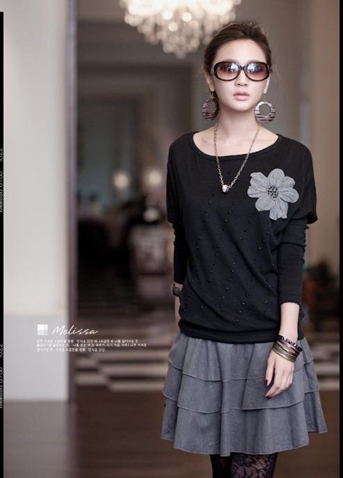 HOT Womens Crewnecks Stripes Long Puff Sleeve Cotton Ladies Tops Blouses T-Shirt HR094