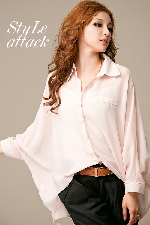 Hot Womens Fashion Bat-wing  Sleeve Thin Chiffon Tops Shirt Pink/Black E8981