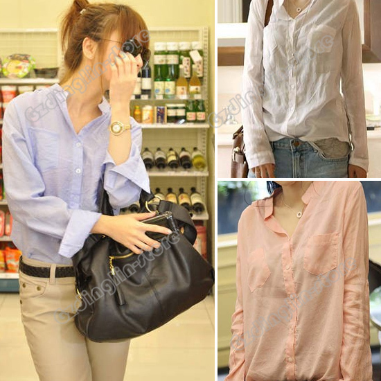 Hot Womens Ladies Fashion Long Sleeve Summer Polo Neck Casual Soild Tops Blouses Shirt White Blue Pink Size M Free Shipping 0437