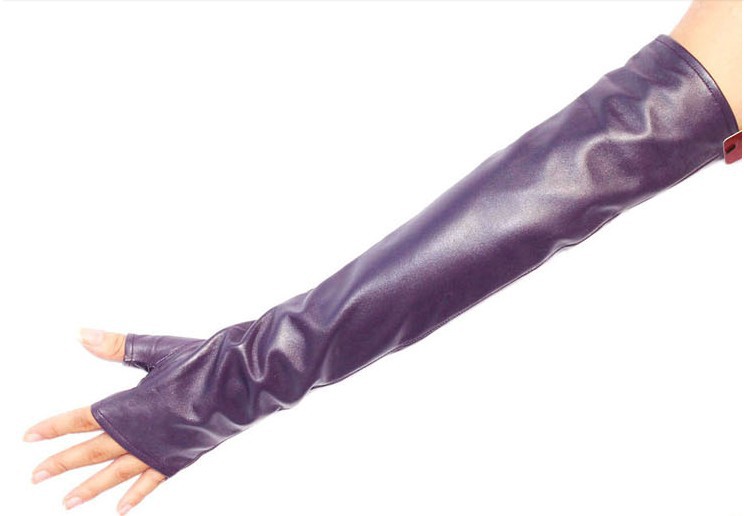 HOTSALE! 40cm long genuine leather fingerless purple gloves ruffle free shipping mittens customerized gift