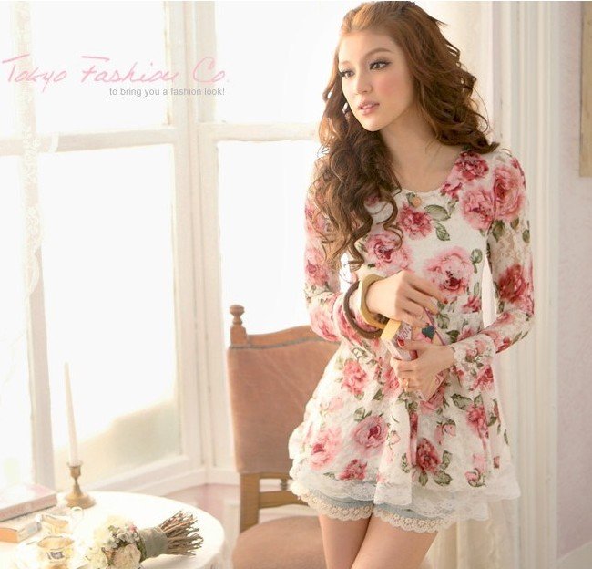 Hotsale cute lady sweet rose pattern balck white lace blouse,long sleeve rose flowers print long shirt,free shipping,191