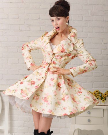 Hotsale rose print 360 degree skirt hem windbreak original quality princess style trench coat,free shipping,581