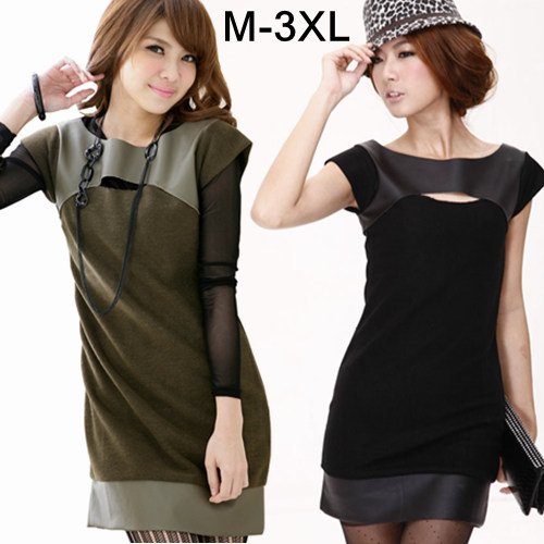 Hotsales Ladies Plus Size Personality Short-sleeve Patchwork Leather One-piece Dress Hollow Out OL Vest Dresses Size M-3XL