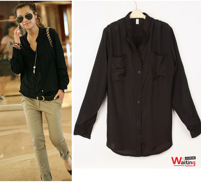 Hotsales Quality Guaranteed Free Shipping Plus Size Ladies Charming Chiffon Shirt with Pockets Front Size XL XXL XXXL