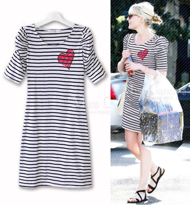 Hotsales Women Plus Size Black White Stripe Red Heart Dress High Quality Soft Cotton Dresses Size L XL XXL XXXL