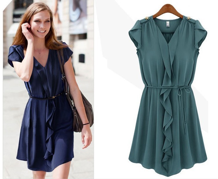 hotsell ladies fashion chiffon ruffle dress V neck short sleeve with tie spring new arrival free shipping