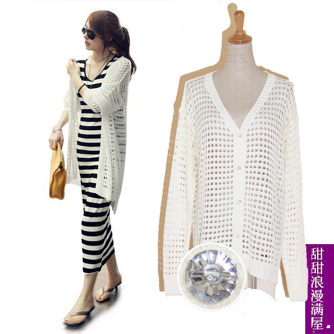 Hottest new arrival 028143 loose medium-long cutout white sweater outerwear high quality