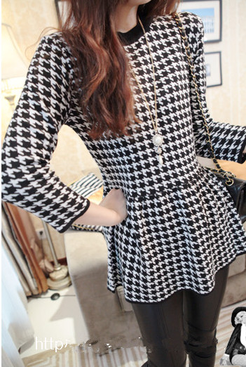 Houndstooth sweep knitted one-piece dress short skirt three quarter sleeve basic sweater dress
