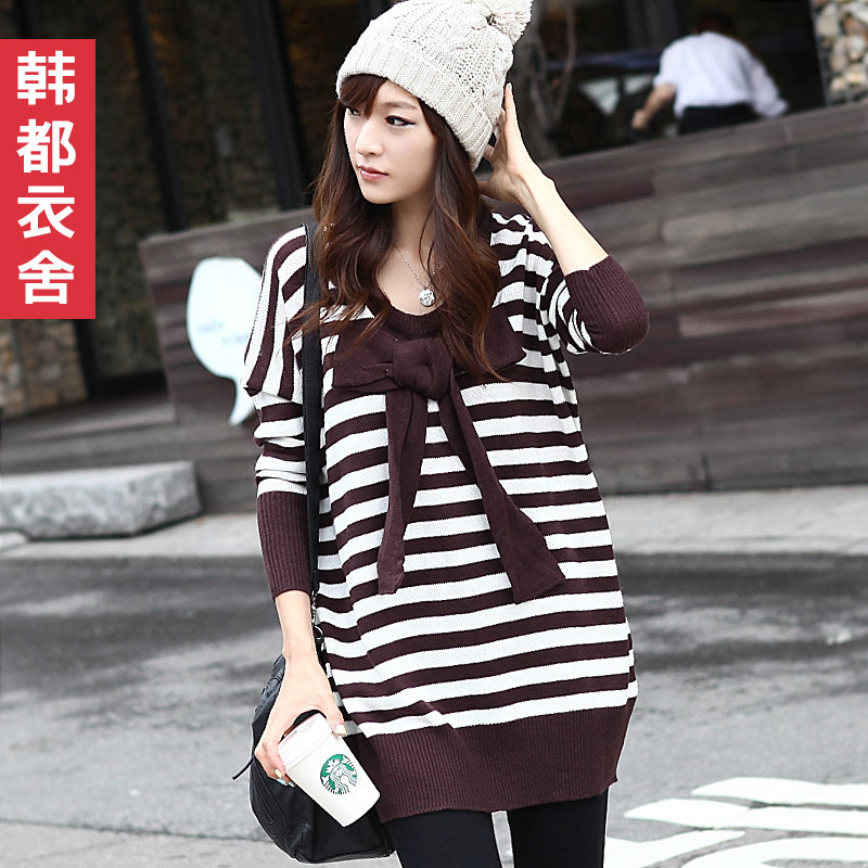 HSTYLE 13 spring plus size loose long design black and white stripe bow long-sleeve sweater