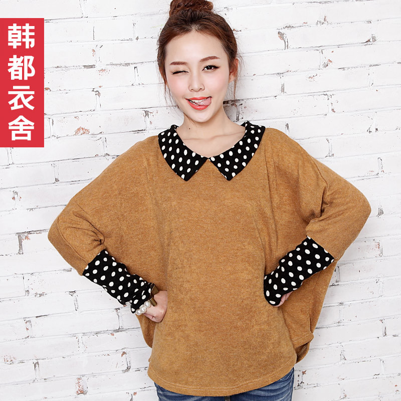 HSTYLE 2012 autumn new arrival female plus size vintage polka dot batwing sleeve sweater jt2006
