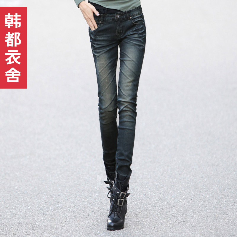 HSTYLE 2012 female mid waist dark color wearing white distrressed skinny jeans gw0566 free shipping