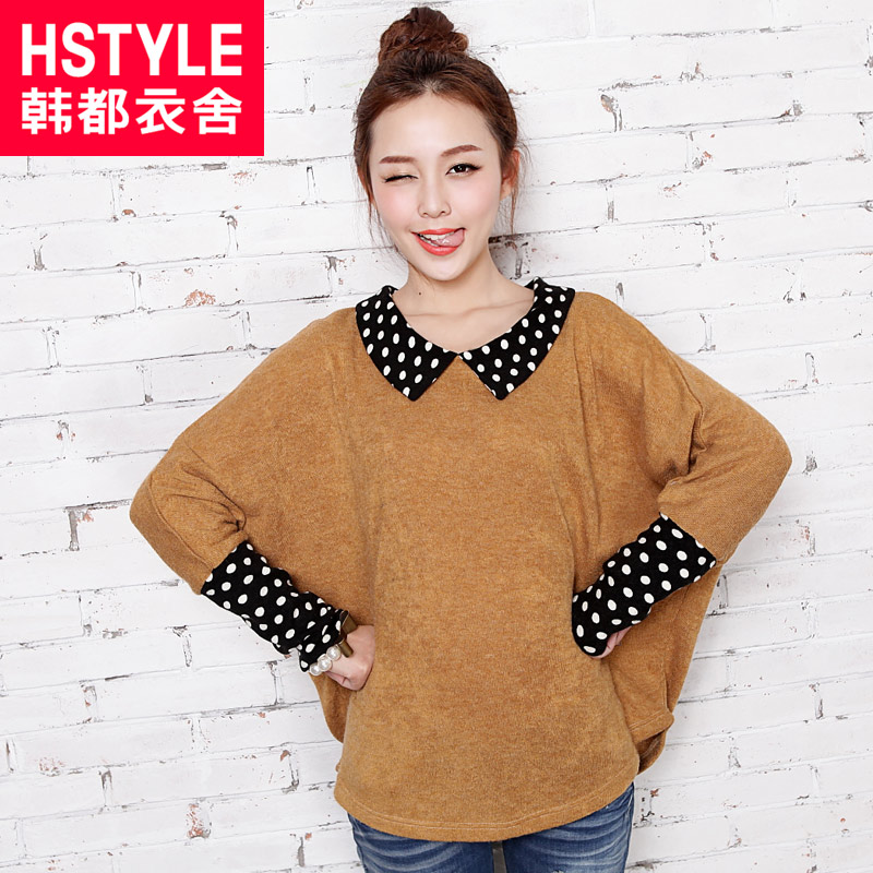 HSTYLE 2013 female plus size loose polka dot jt2006 batwing sleeve sweater