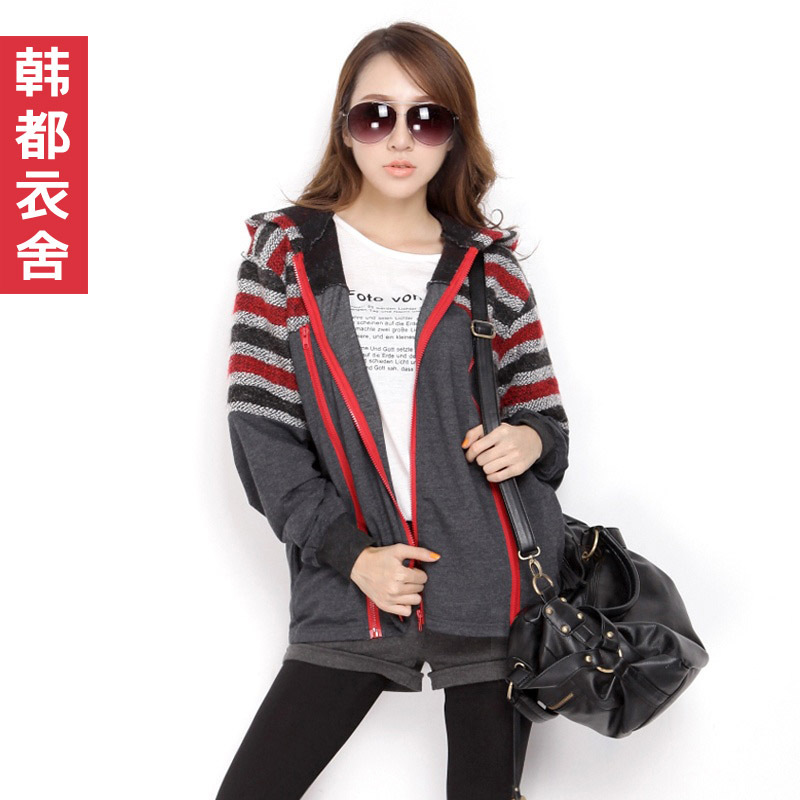 HSTYLE 2013 patchwork stripe hooded zipper long-sleeve outerwear female