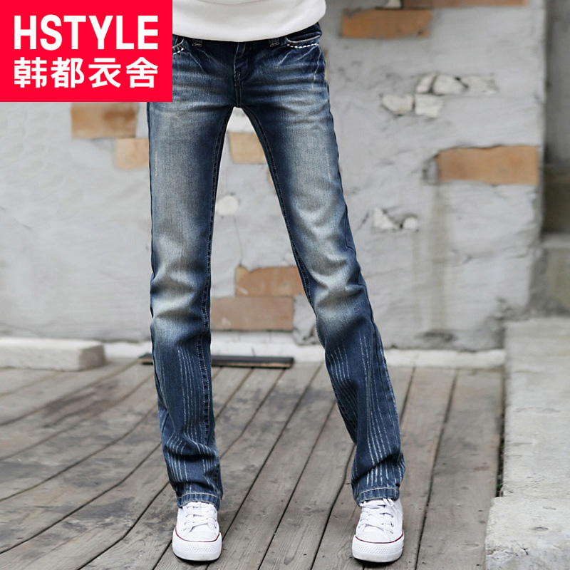 HSTYLE 2013 spring pleated embroidery mid waist straight jeans yk0003