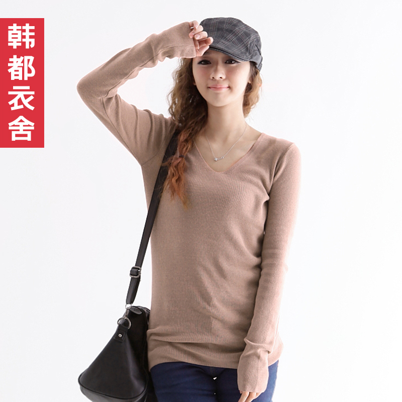 HSTYLE 2013 spring solid color V-neck nude color basic sweater