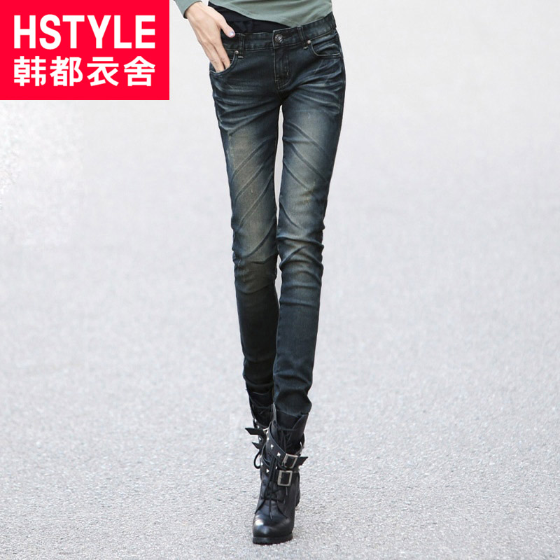 HSTYLE 2013 spring women's distrressed dark color skinny slim jeans gw0566