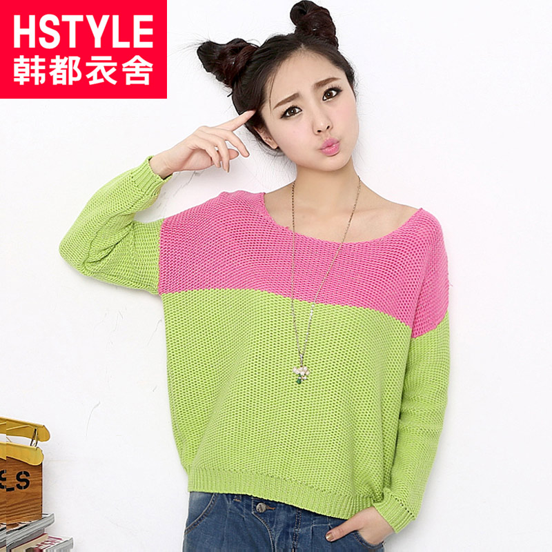 HSTYLE 2013 spring women's o-neck color block batwing sleeve sweater