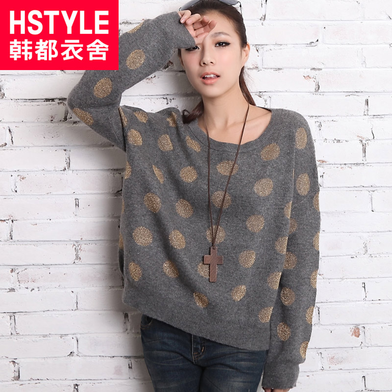 HSTYLE 2013 spring women's o-neck loose polka dot thin knitted sweater lo1207