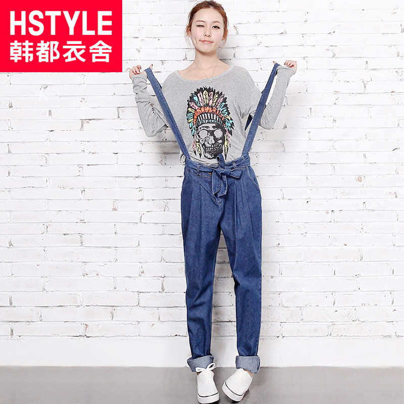 HSTYLE 2013 spring women's solid color bib pants trousers jeans dq1574