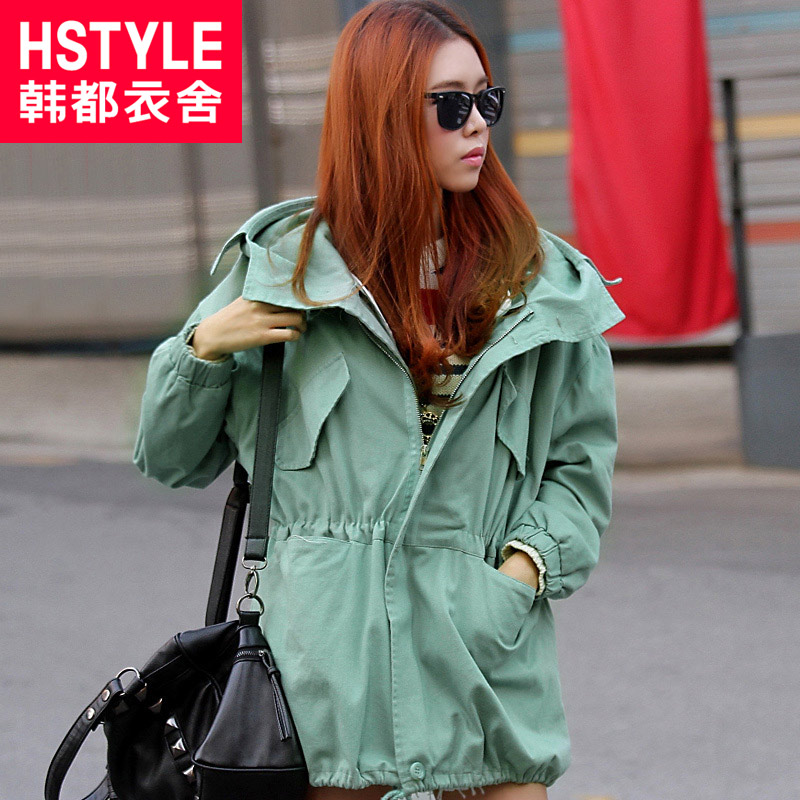 HSTYLE 2013 spring women's solid color with a hood medium-long trench gd2065 0605