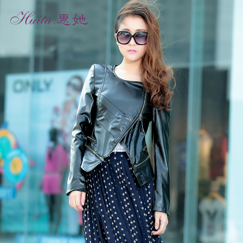 Huita 2012 autumn women's fashion oblique zipper water washed leather clothing women's outerwear