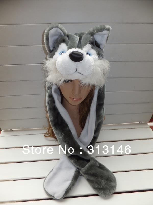 Huskies Animal Hat Fluffy Plush Warm Cap/Beanie Earmuff Scarf Cartoon Animal Hat with Gloves, Free shipping