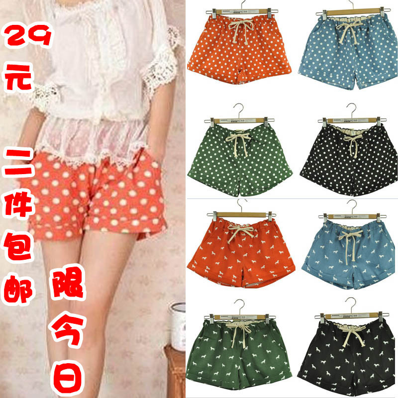 Hx shorts female candy color polka dot denim cotton shorts dot onta loose roll-up hem basic short skorts free shipping