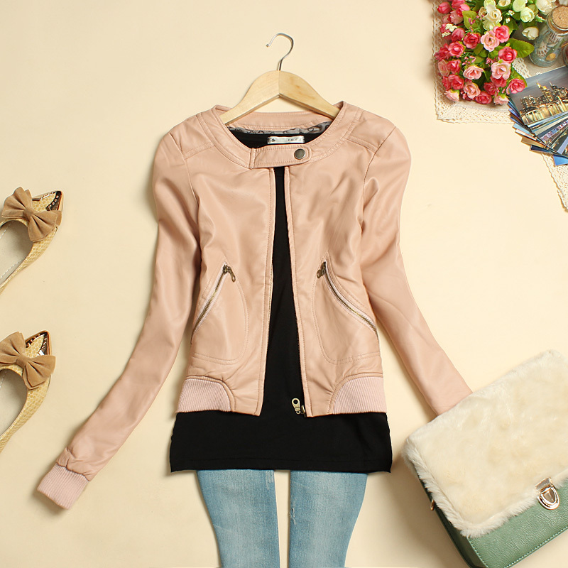 I023-697 female 2012 autumn and winter short design leather clothing PU small leather clothing water washed leather pink