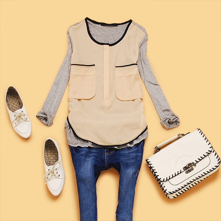 I3-4-5 spring 2013 women's chiffon patchwork pocket loose long-sleeve shirt